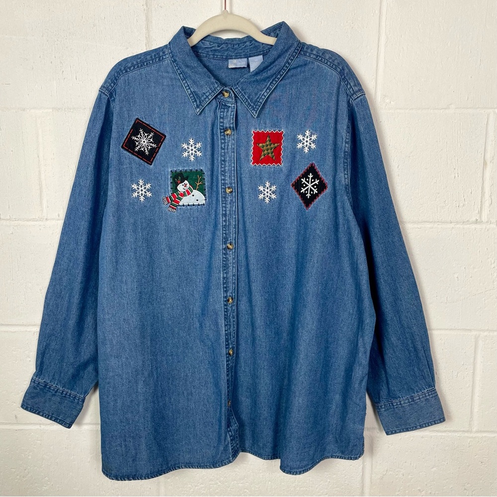 Holiday Editions Winter Denim Shirt Snowmen Snowflakes Grannycore Oversized 2X‎